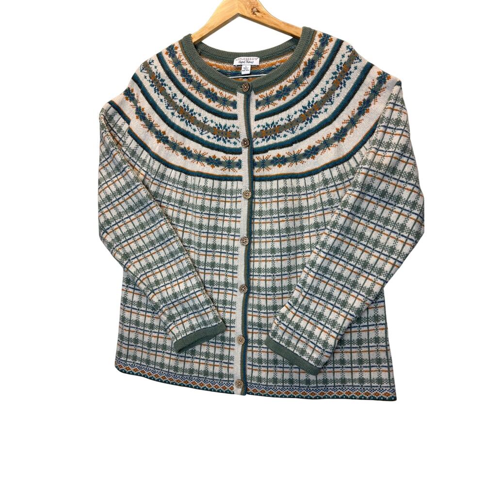 Appleseed's Fair Isle Cardigan, a button-front wool sweater  yoke plaid size L
